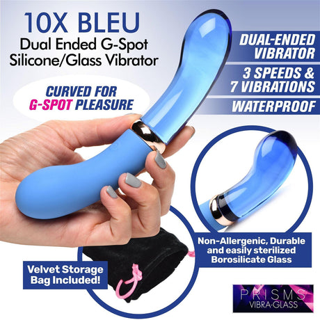 Prisms VibraGlass 10x Bleu Dual Ended G-spot Silicone & Glass Vibrator - AdultLuxe
