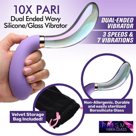 Prisms VibraGlass 10x Pari Dual Ended Wavy Silicone & Glass Vibrator - AdultLuxe