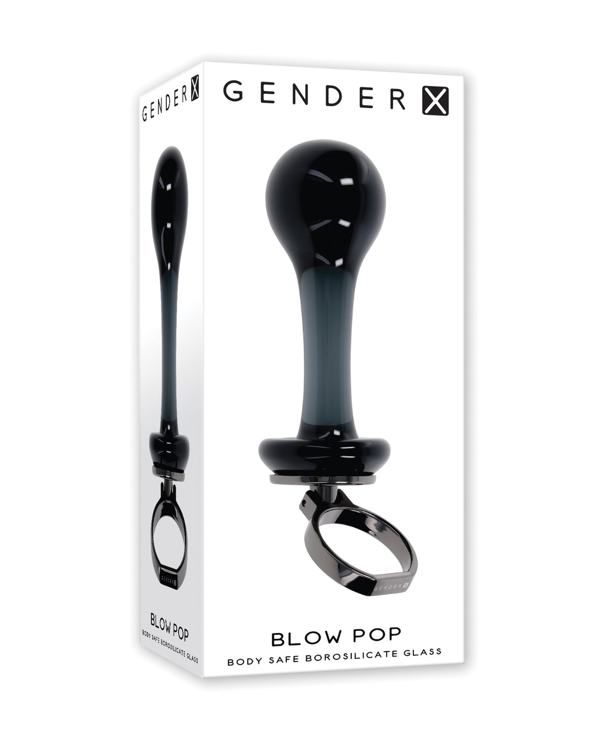Gender X Blow Pop glass anal plug - black borosilicate glass with round head and finger ring