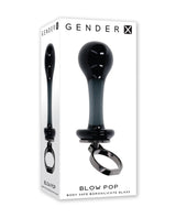 Gender X Blow Pop glass anal plug - black borosilicate glass with round head and finger ring