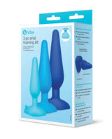 b-Vibe Anal Training Kit - three progressively sized black silicone butt plugs with suction bases