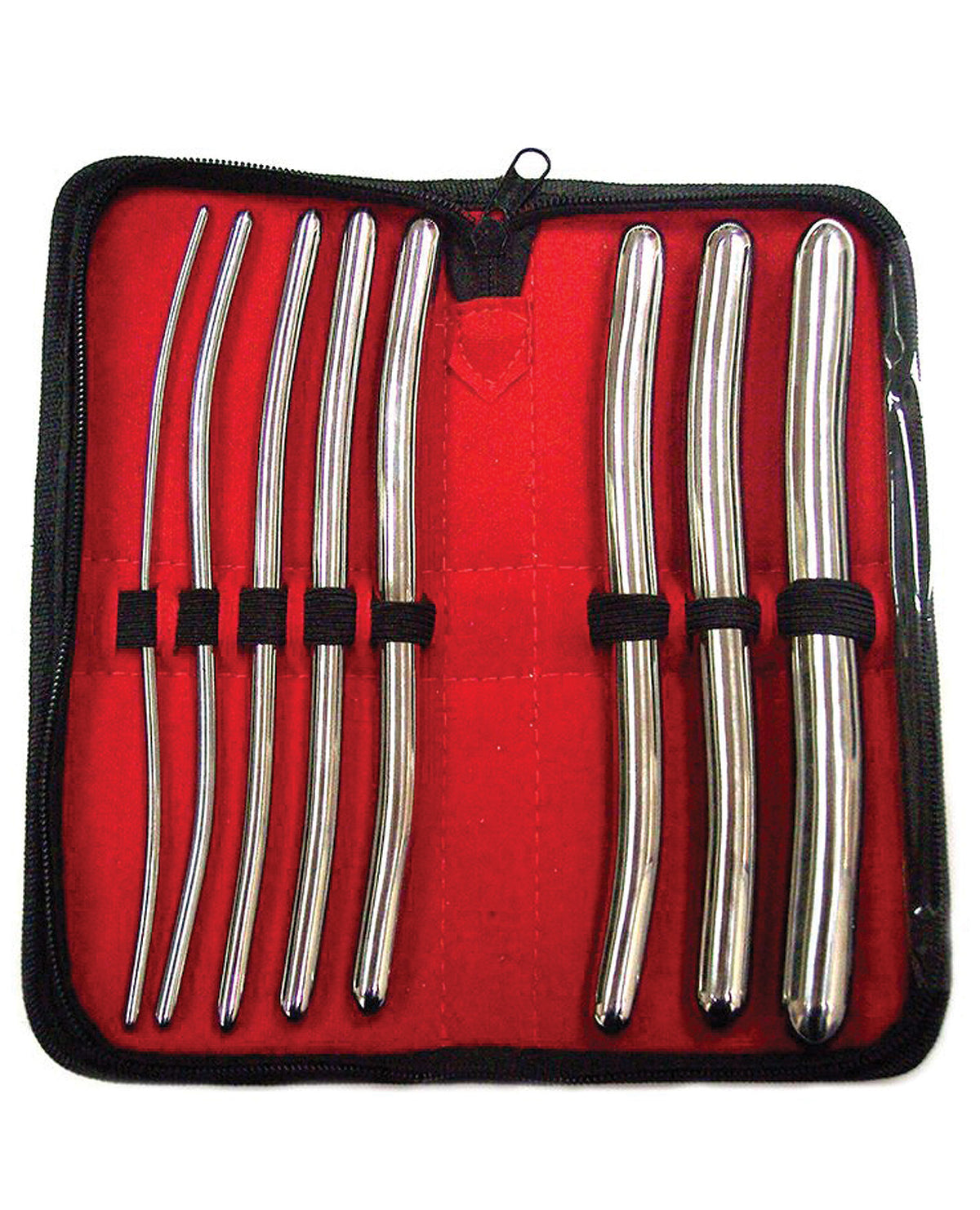 Rouge 8-piece stainless steel Hegar urethral sound set in a leather case