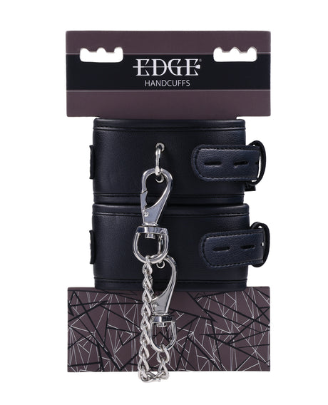 Sportsheets Edge Adjustable Handcuffs - padded black cuffs with silver buckles and rings