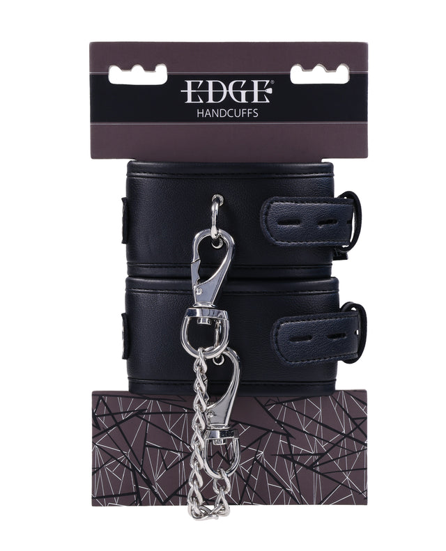 Sportsheets Edge Adjustable Handcuffs - padded black cuffs with silver buckles and rings