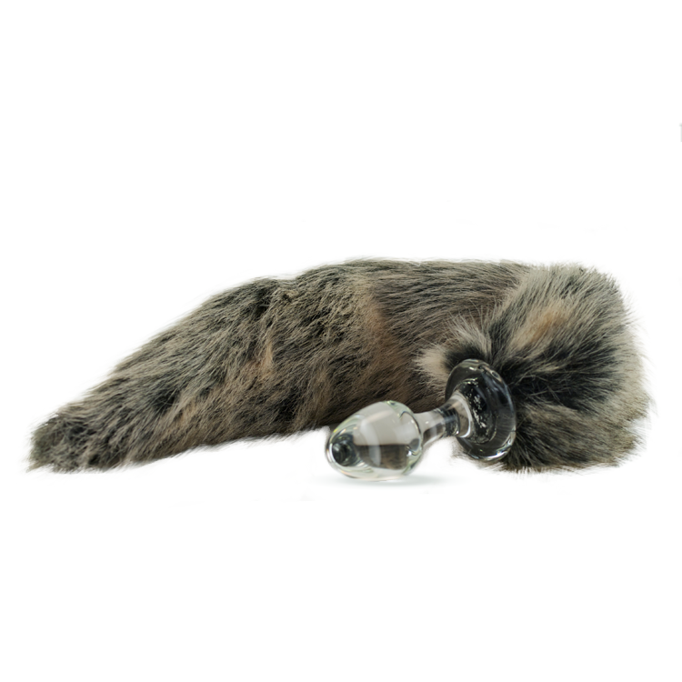 Crystal Delights Minx Tail Plug — Grey Wolf faux fur tail with clear glass plug