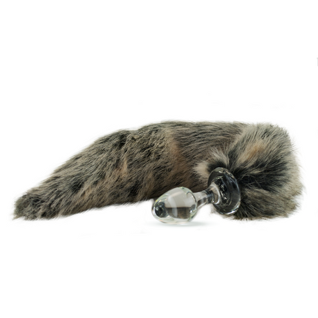 Crystal Delights Minx Tail Plug — Grey Wolf faux fur tail with clear glass plug
