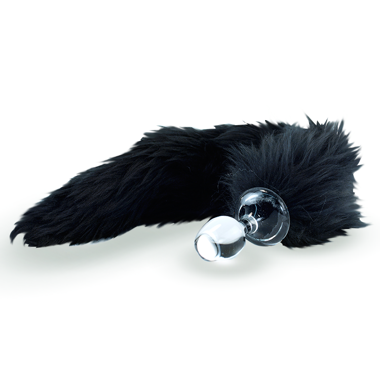 Crystal Delights Minx Tail Plug - Mongolian Black faux fur tail with handcrafted glass plug