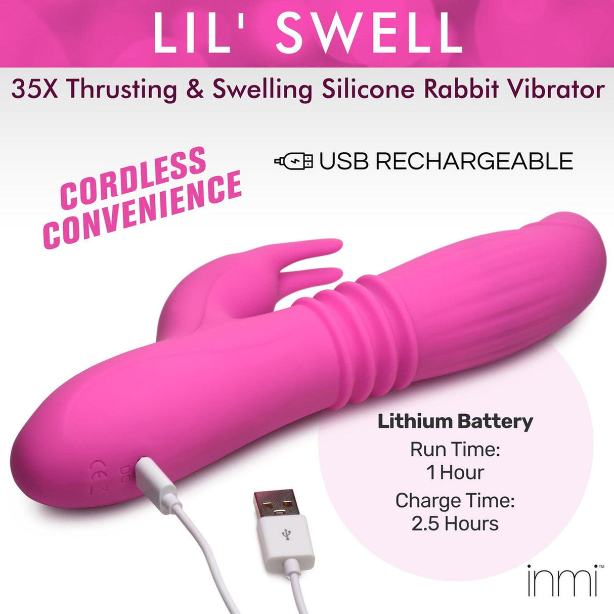 Inmi 35x Lil Swell Thrusting & Inflating Silicone Rabbit Vibrator - AdultLuxe