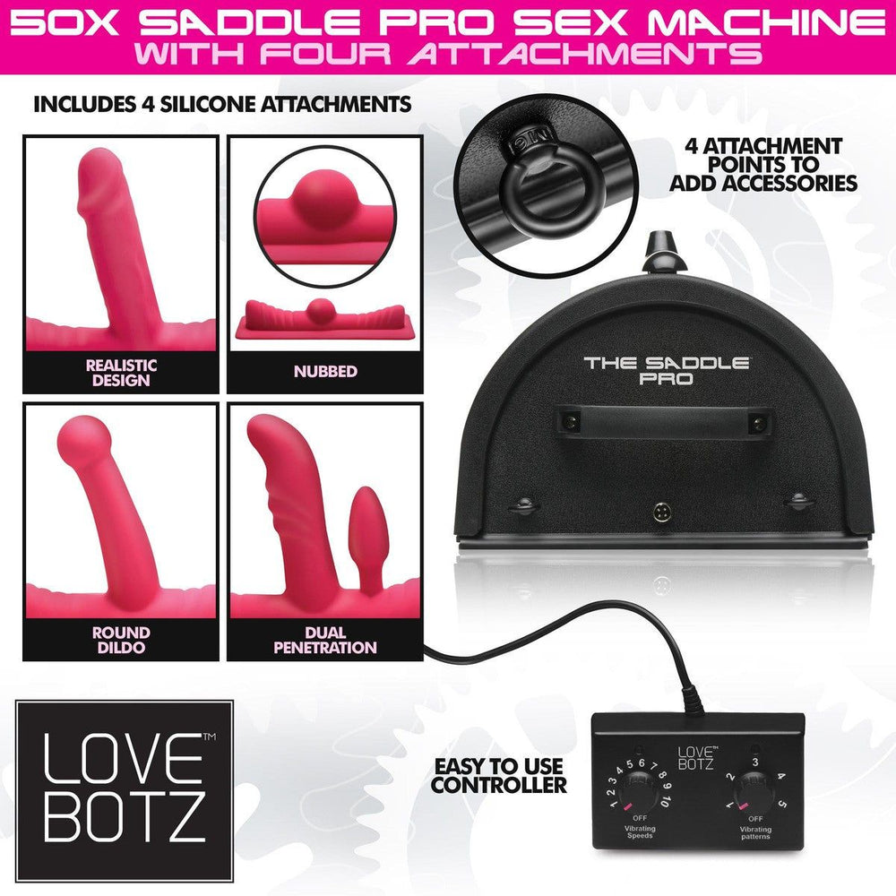 LoveBotz 50x Saddle Pro Sex Machine With 4 Attachments - AdultLuxe