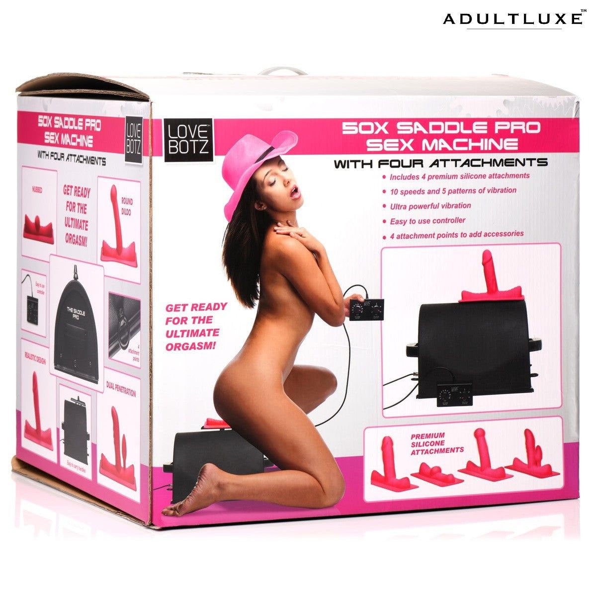 LoveBotz 50x Saddle Pro Sex Machine With 4 Attachments - AdultLuxe