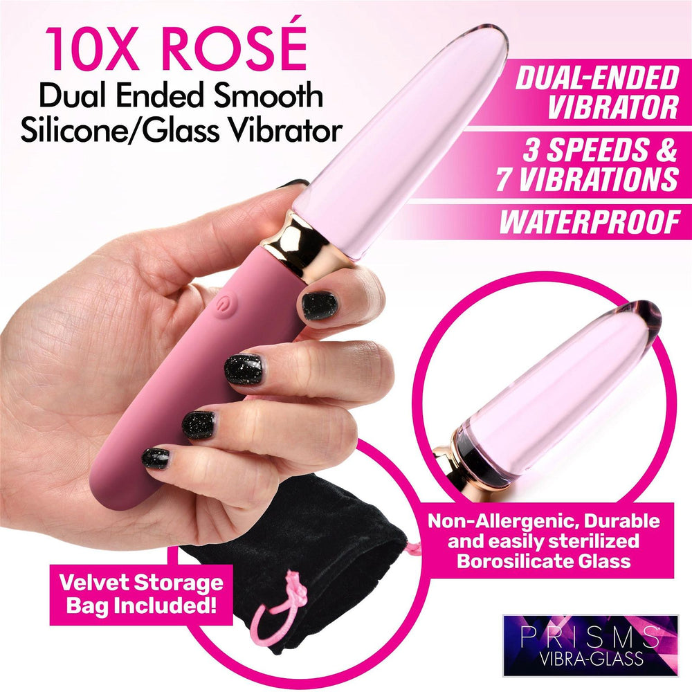 Prisms VibraGlass 10x Rose Dual Ended Smooth Silicone & Glass Vibrator - AdultLuxe