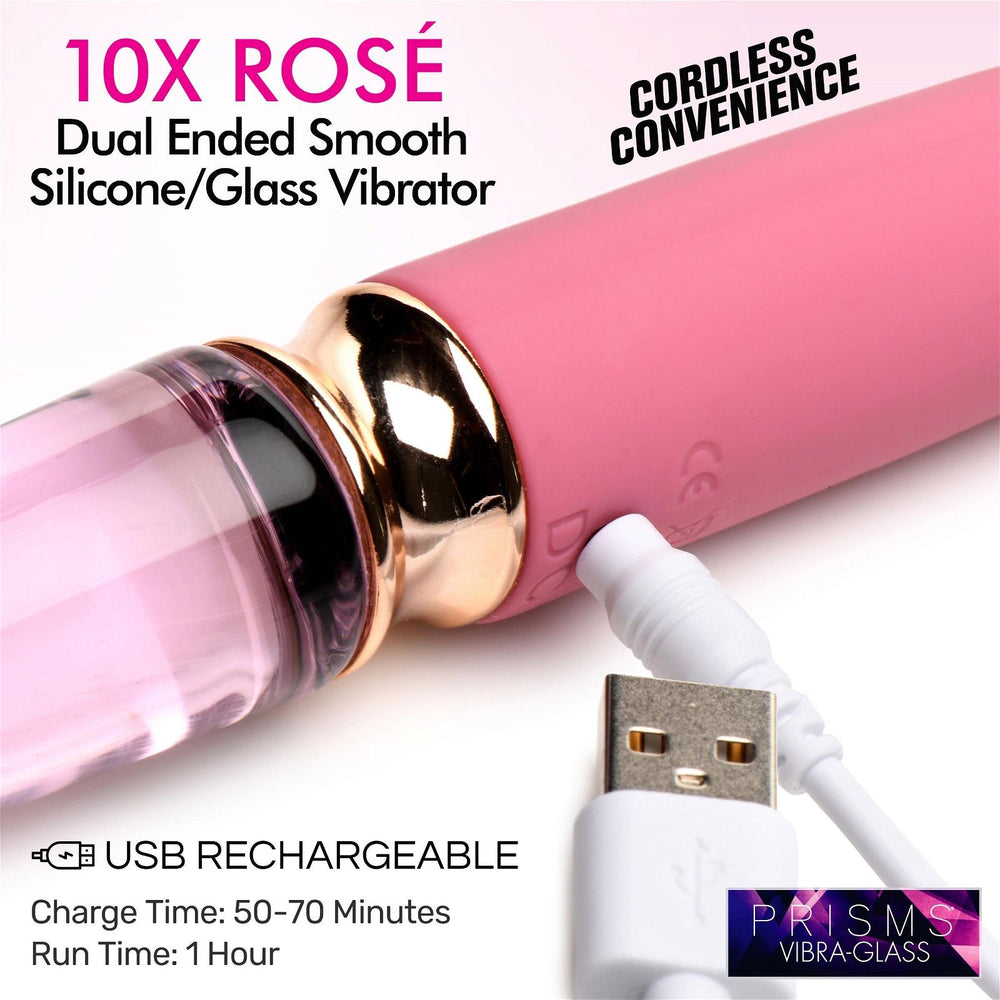 Prisms VibraGlass 10x Rose Dual Ended Smooth Silicone & Glass Vibrator - AdultLuxe