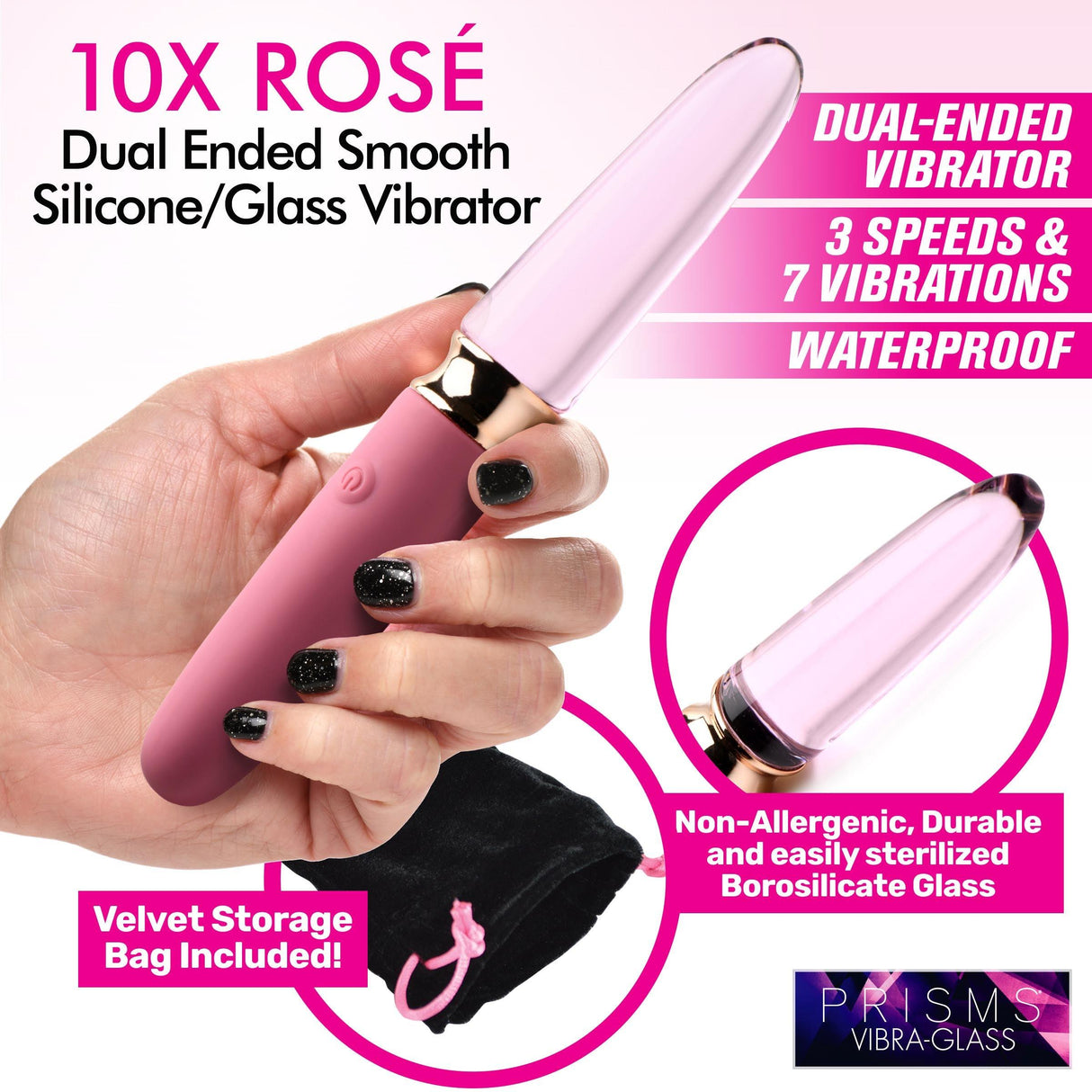Prisms VibraGlass 10x Rose Dual Ended Smooth Silicone & Glass Vibrator