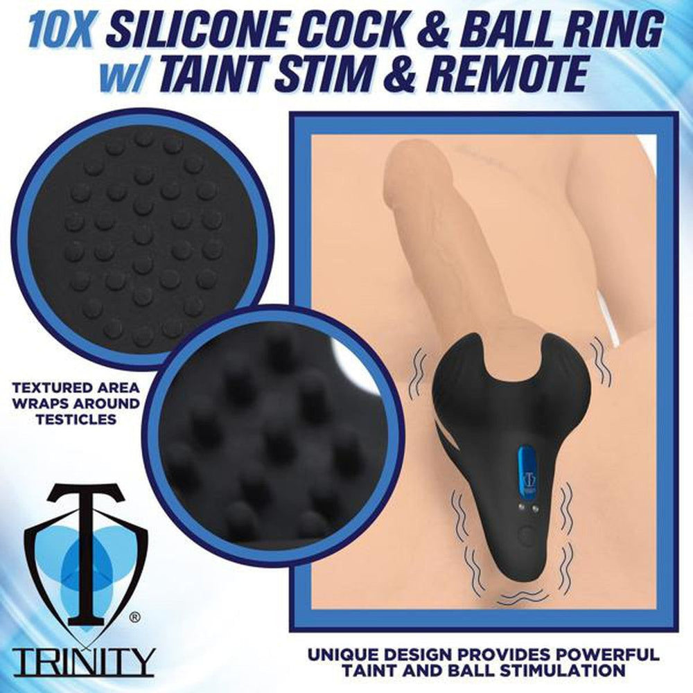 Trinity 10x Vibrating Silicone Cock Ring With Taint Stim - AdultLuxe