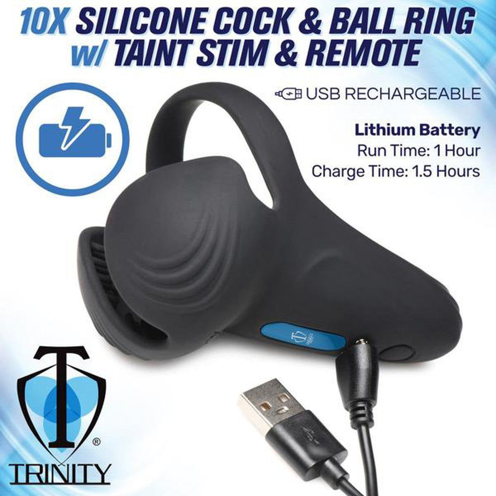Trinity 10x Vibrating Silicone Cock Ring With Taint Stim - AdultLuxe