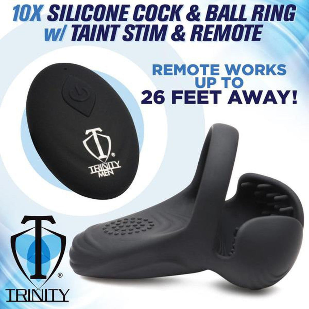 Trinity 10x Vibrating Silicone Cock Ring With Taint Stim - AdultLuxe