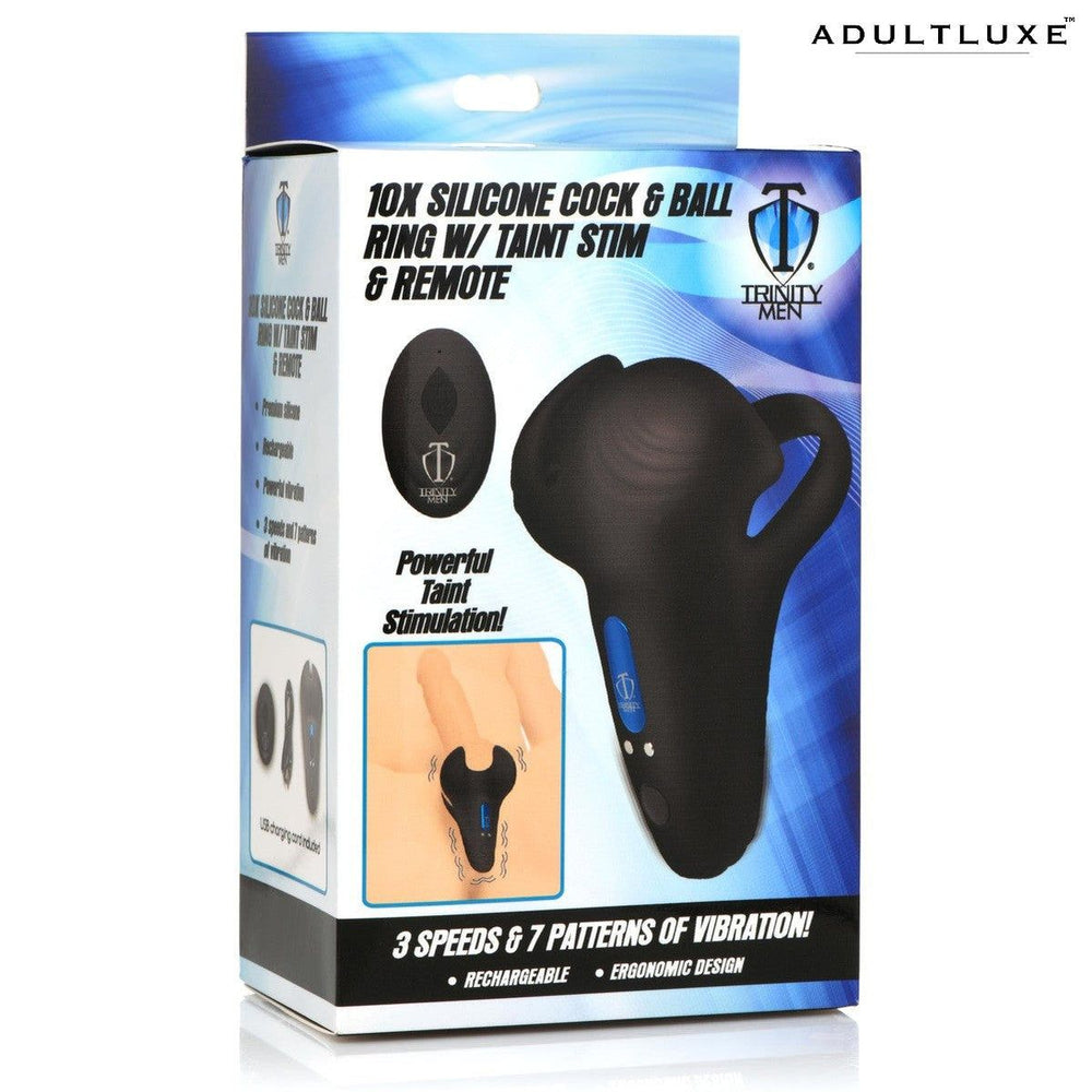 Trinity 10x Vibrating Silicone Cock Ring With Taint Stim - AdultLuxe