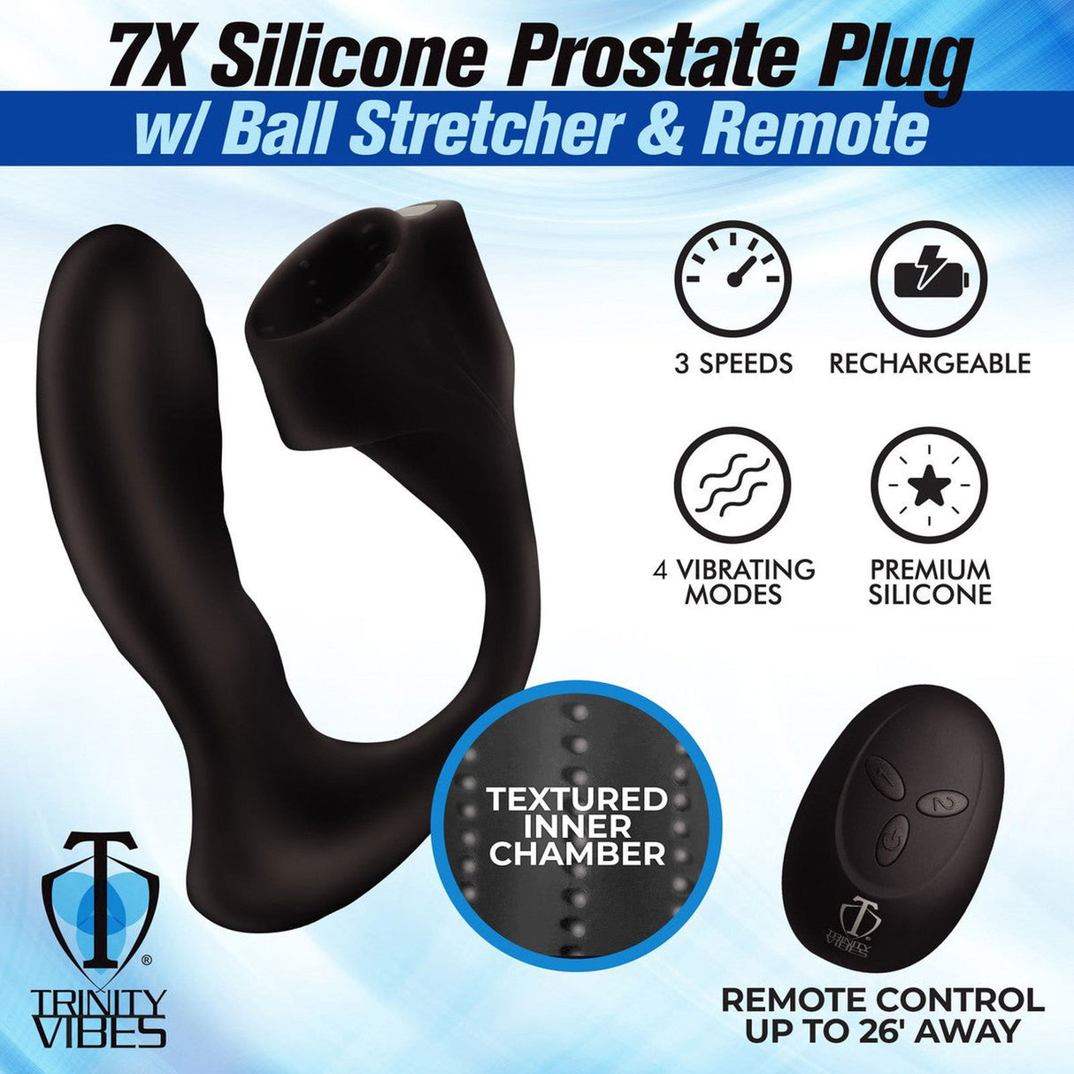 Trinity Vibes 7x Silicone Prostate Plug With Ball Stretcher And Remote - AdultLuxe