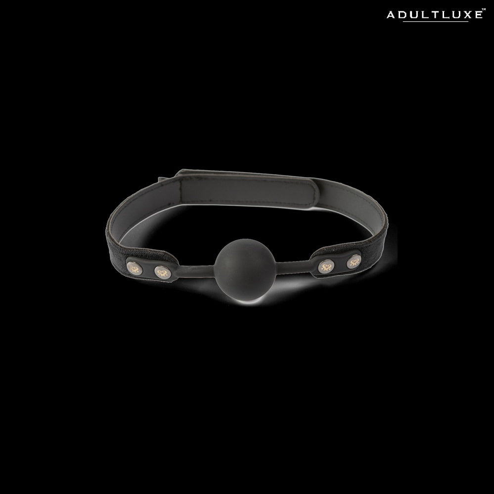 SEI MIO Strictly Come Quietly ball gag - black silicone ball with soft velvet strap front view