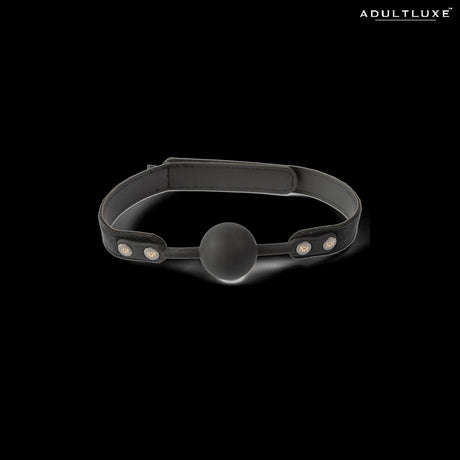 SEI MIO Strictly Come Quietly ball gag - black silicone ball with soft velvet strap front view