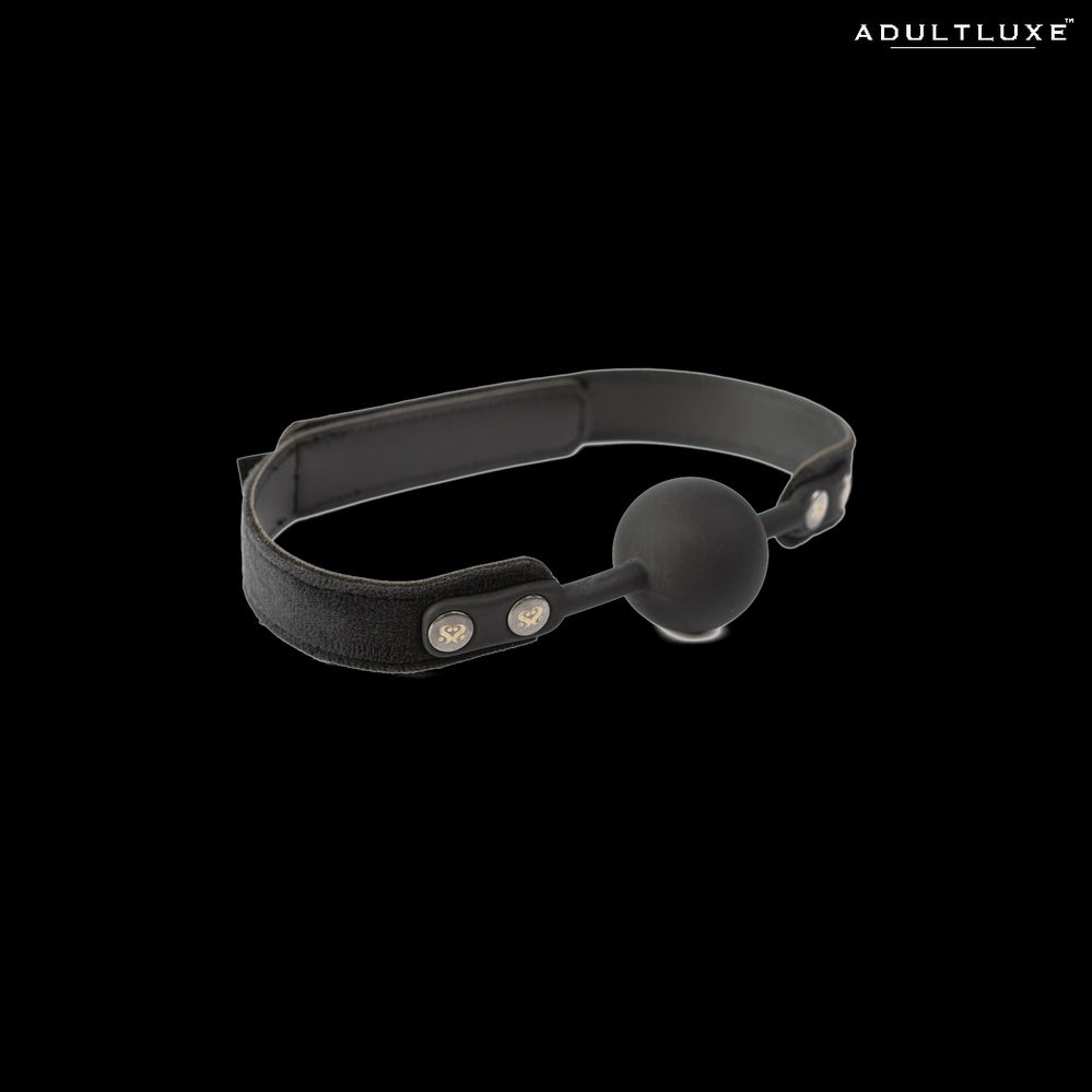 SEI MIO Strictly Come Quietly ball gag - three-quarter angle showing velvet strap and branded snap buttons