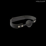 SEI MIO Strictly Come Quietly ball gag - three-quarter angle showing velvet strap and branded snap buttons
