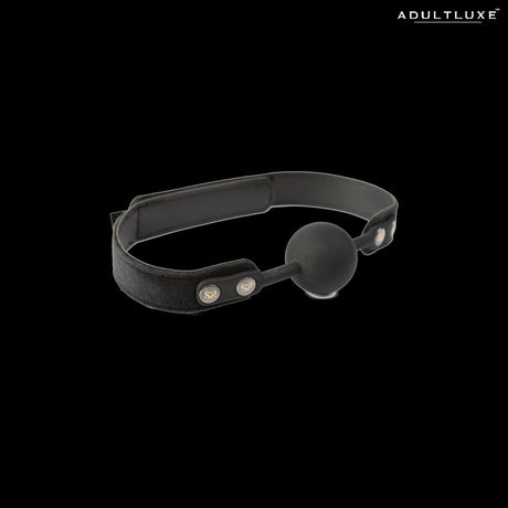 SEI MIO Strictly Come Quietly ball gag - three-quarter angle showing velvet strap and branded snap buttons