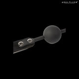SEI MIO Strictly Come Quietly ball gag - close-up of matte silicone ball and branded metal snap fasteners
